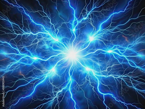 Vibrant blue electricity crackles with intense energy, illuminating a dark background with radiant sparks, glowing arcs, and dynamic tendrils of light in high-voltage display.