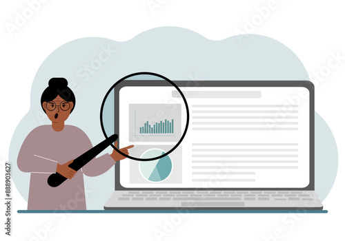 A woman shows a report, a presentation on a laptop with a magnifying glass vector illustration. Financial business analysis, audit, planning concept. Vector flat illustration