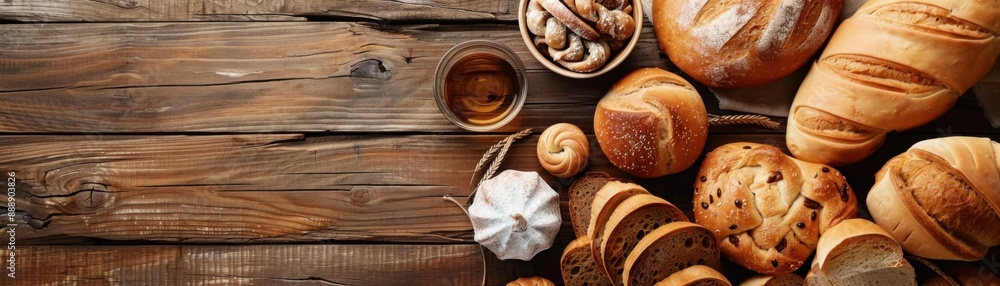 Freshly Baked Assorted Bread and Pastries Arranged in Flat Lay on Rustic Wooden Table Freshly Baked Assorted Bread and Pastries Arranged in Flat Lay on Rustic Wooden Table