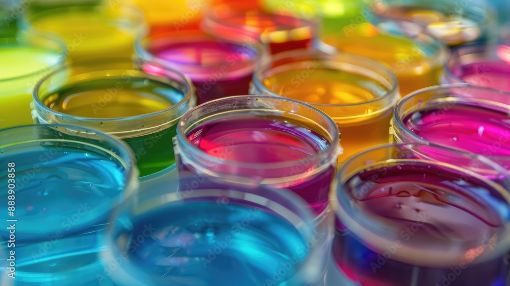 Microbiological Lab Testing of Bacterial Colonies on Colorful Agar in Pyramid Shaped Petri Dishes Microbiological Lab Testing of Bacterial Colonies on Colorful Agar in Pyramid Shaped Petri Dishes
