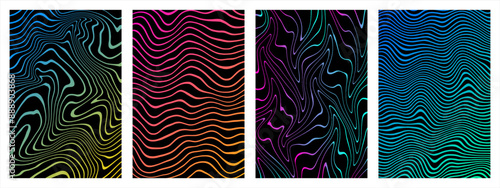 Hand drawn trendy groovy backgrounds, rectangle patterns set. Gradient colorful marble stains striped templates bundle. Distorted curved uneven stripes, warped streaks, fluid liquid wavy lines, waves