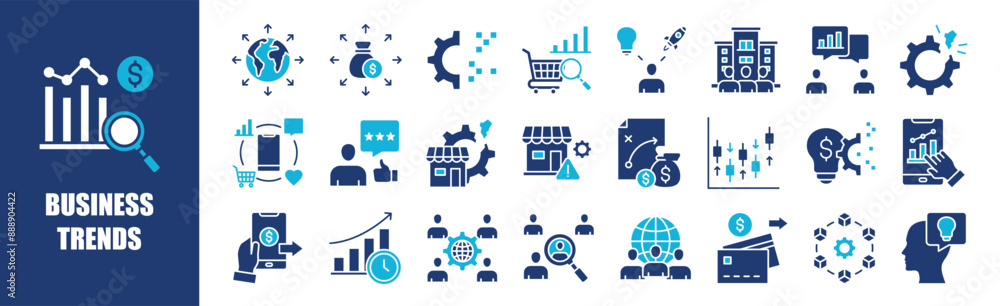Business Trends icon collection set. Containing business, financial, strategy, investment, marketing,and more. Solid vector icons collection. Business Trends icon collection set. Containing business, financial, strategy, investment, marketing,and more. Solid vector icons collection.
