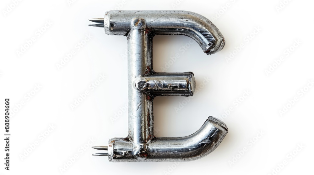 Steel staples forming lowercase letter e on white background font design Steel staples forming lowercase letter e on white background font design