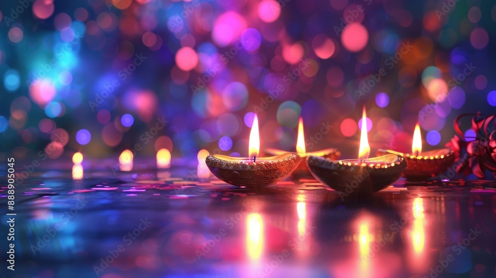 Traditional Diya Lamps Illuminated for Diwali on Purple Background for Festive Celebration Cover, Happy Diwali Traditional Diya Lamps Illuminated for Diwali on Purple Background for Festive Celebration Cover, Happy Diwali