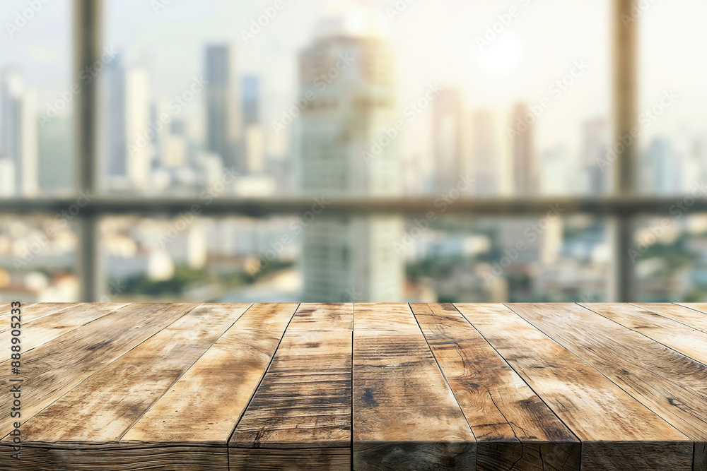 Empty wooden table top with blurred modern city view from office window background, for product display montage Empty wooden table top with blurred modern city view from office window background, for product display montage
