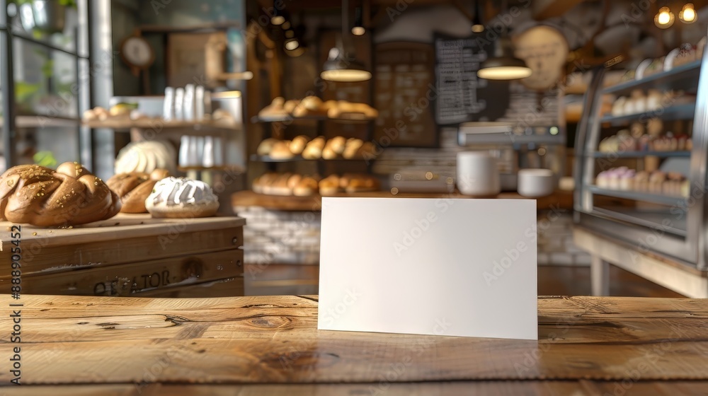 Blank card mockup on wood table in front of bakery shop Blank card mockup on wood table in front of bakery shop