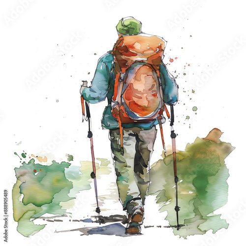 Watercolor illustration of a lone hiker with trekking poles.