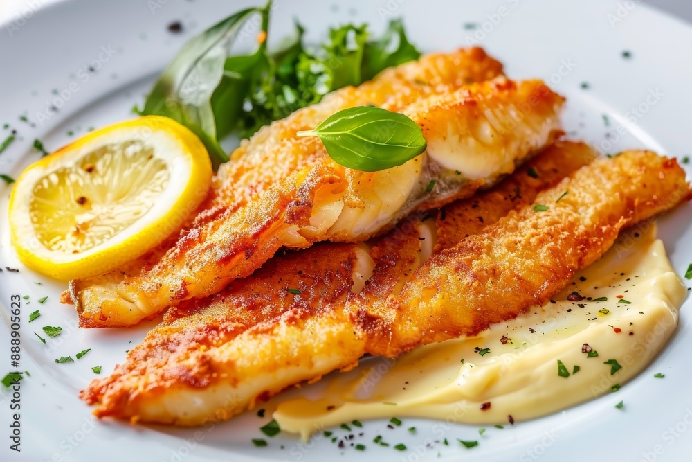White Fish Fillet, Breaded Pike Perch, Zander Fillet with Cream Sauce Closeup, Restaurant Main Course White Fish Fillet, Breaded Pike Perch, Zander Fillet with Cream Sauce Closeup, Restaurant Main Course