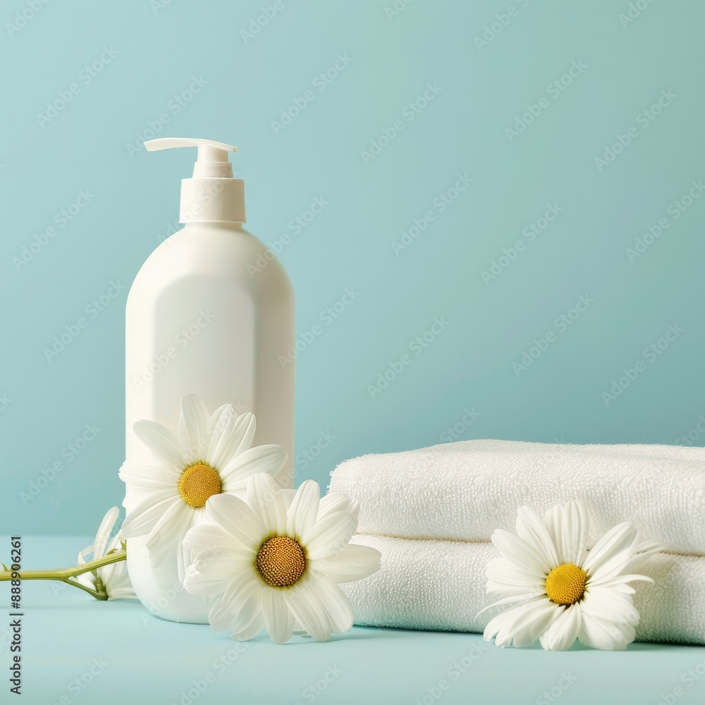 Fabric softener advertising design, conditioner bottle and soft clean towels banner on color background Fabric softener advertising design, conditioner bottle and soft clean towels banner on color background