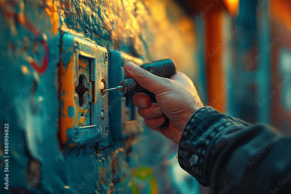 Close-up of a hand fixing a French-style power outlet with a screwdriver, showcasing precision and technical skills. Close-up of a hand fixing a French-style power outlet with a screwdriver, showcasing precision and technical skills.