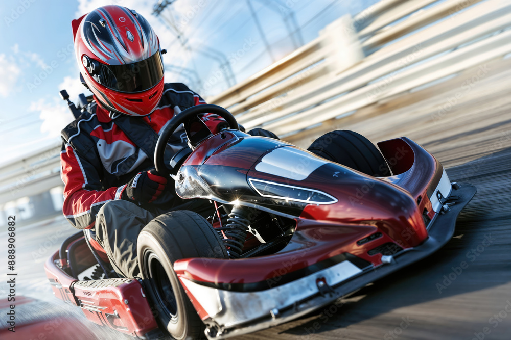 Professional kart racer driving go kart on track on a sunny day Professional kart racer driving go kart on track on a sunny day