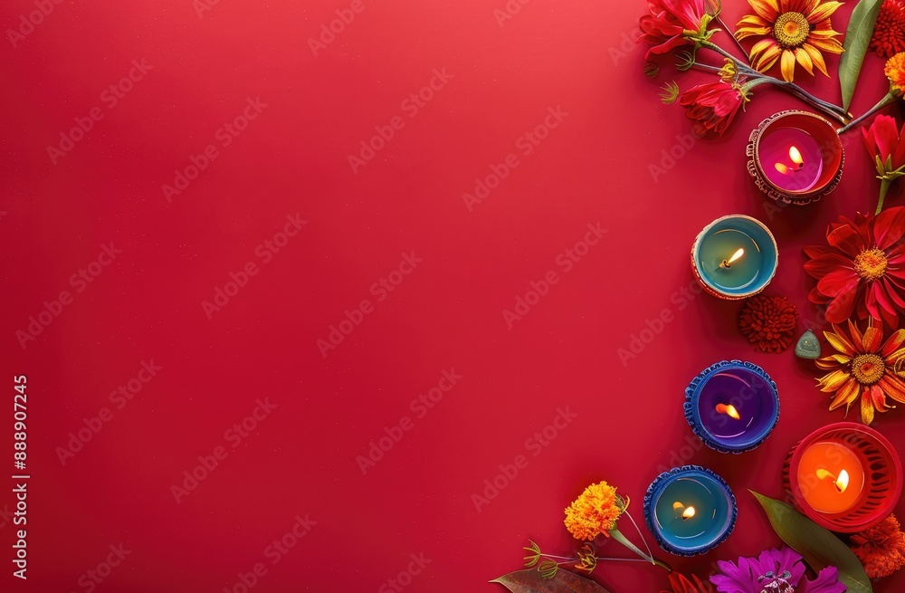 Obraz premium Traditional Indian floral garland toran made of marigold flowers and mango leaves on bright red background. Happy Diwali festival, Pongal or Gudi Padwa. Decoration for Indian hindu holidays, wedding
