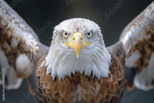 Close-up of a fierce bald eagle with its wings spread wide, intense gaze and striking feathers
