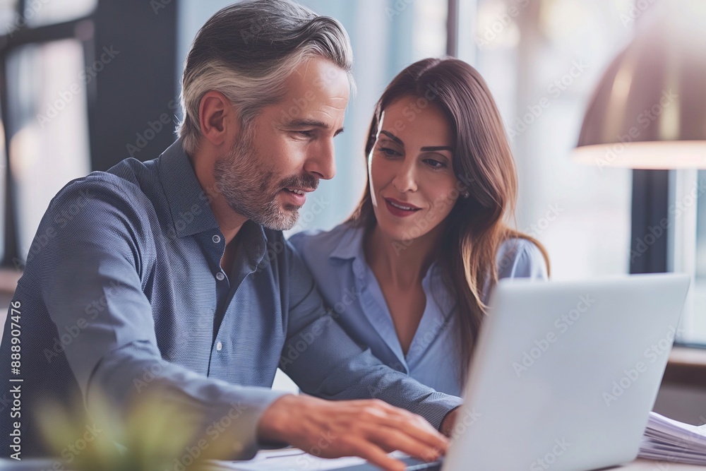 Fototapeta premium Businessman and woman working together on laptop in the office. The man is showing documents, using the computer for a meeting presentation. mature businesspeople discussing a project at a work desk.