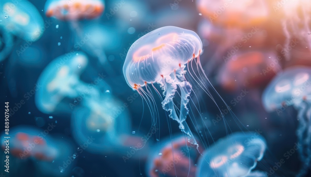 A close-up of a translucent jellyfish with pink hues, swimming amongst other jellyfish in a deep blue ocean. A close-up of a translucent jellyfish with pink hues, swimming amongst other jellyfish in a deep blue ocean.