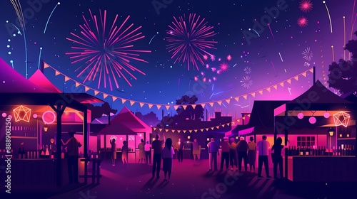 A night wine festival with fireworks in the sky, crowds cheering, and beautifully lit booths, using a minimalistic style with neon colors