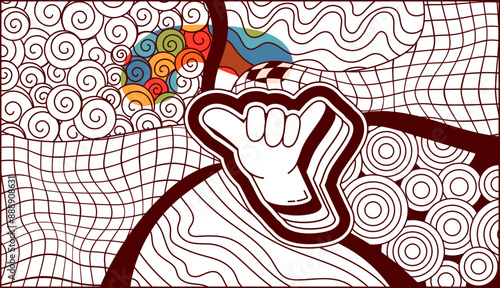Psychedelic coloring page with gesture jumbo shaka.