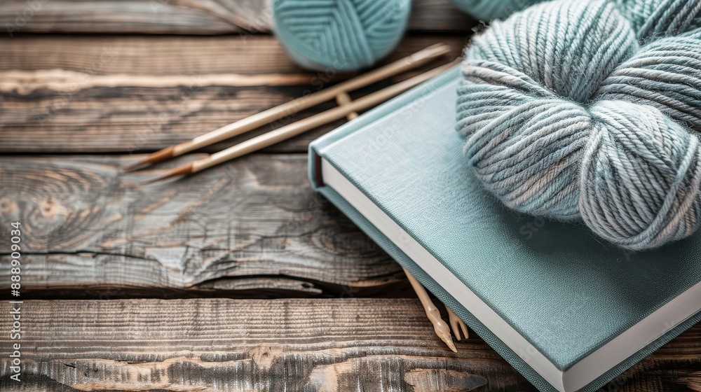 Fototapeta premium Elegant hardcover journal with a yarn-wrapped spine, placed on a wooden table next to balls of yarn and knitting needles, creating a cozy atmosphere