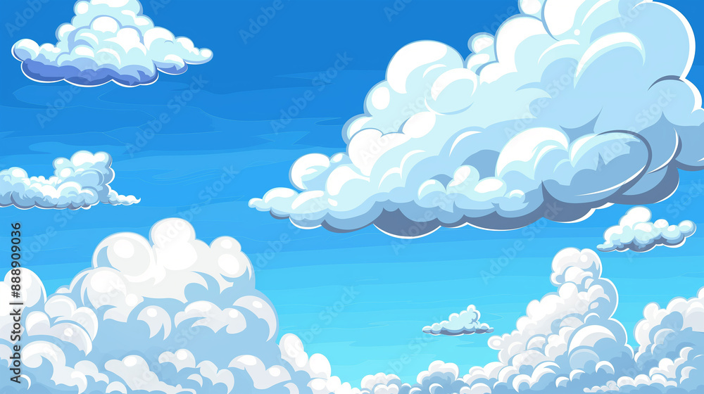 Cute white cartoon clouds on bright blue summer sky vector background illustration Cute white cartoon clouds on bright blue summer sky vector background illustration