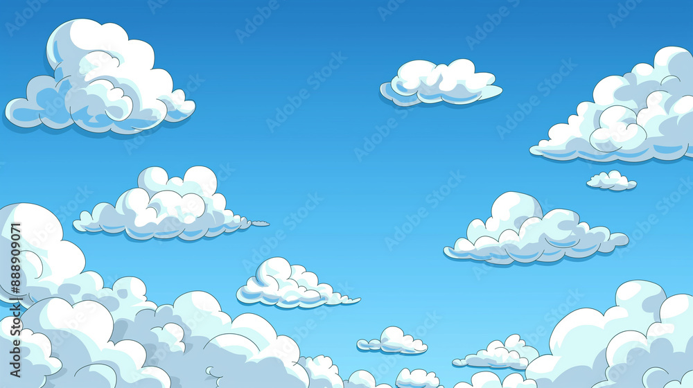 Cute white cartoon clouds on bright blue summer sky vector background illustration Cute white cartoon clouds on bright blue summer sky vector background illustration