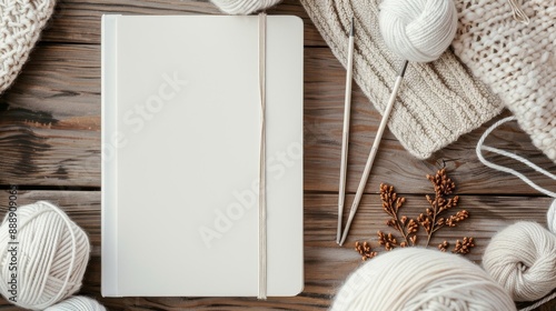 Elegant hardcover journal with a yarn-wrapped spine, placed on a wooden table next to balls of yarn and knitting needles, creating a cozy atmosphere photo