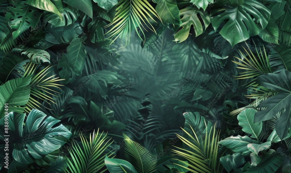 a jungle background with a border made of vibrant tropical leaves, creating a lush and exotic backdrop with ample copy space for text or graphics. a jungle background with a border made of vibrant tropical leaves, creating a lush and exotic backdrop with ample copy space for text or graphics.