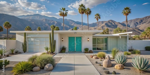 Fototapeta Naklejka Na Ścianę i Meble -  Retro MCM architecture of Palm Springs white house aqua blue front door midcentury modern summer desert real estate minimalist beach home iconic suburban landscape palm trees agave cactus sun garden