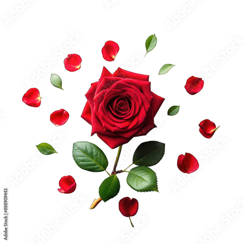 Red rose flower flora scattered flat lay composition top view on transparent background