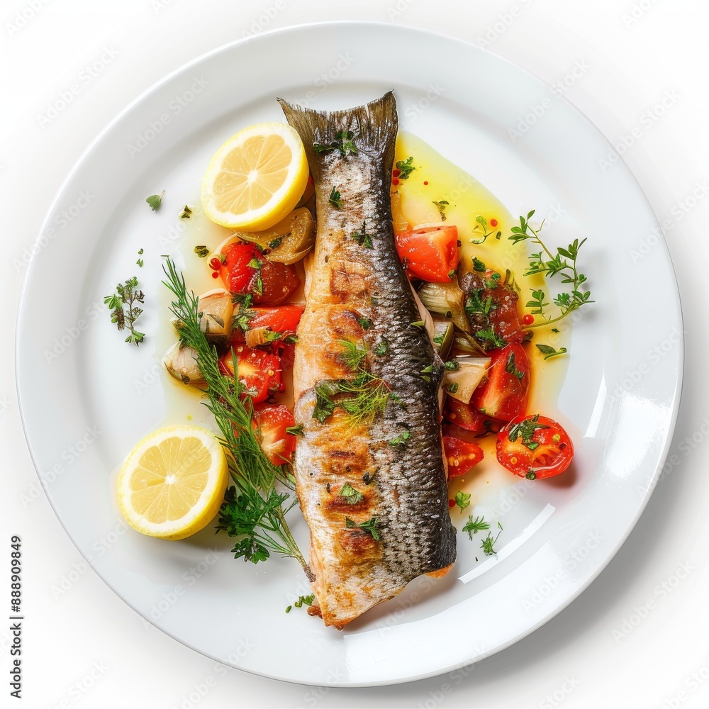 Whole Baked Rainbow Trout, Fried Trout Fish on a Vegetable Pillow with Creamy Caviar Sauce Whole Baked Rainbow Trout, Fried Trout Fish on a Vegetable Pillow with Creamy Caviar Sauce