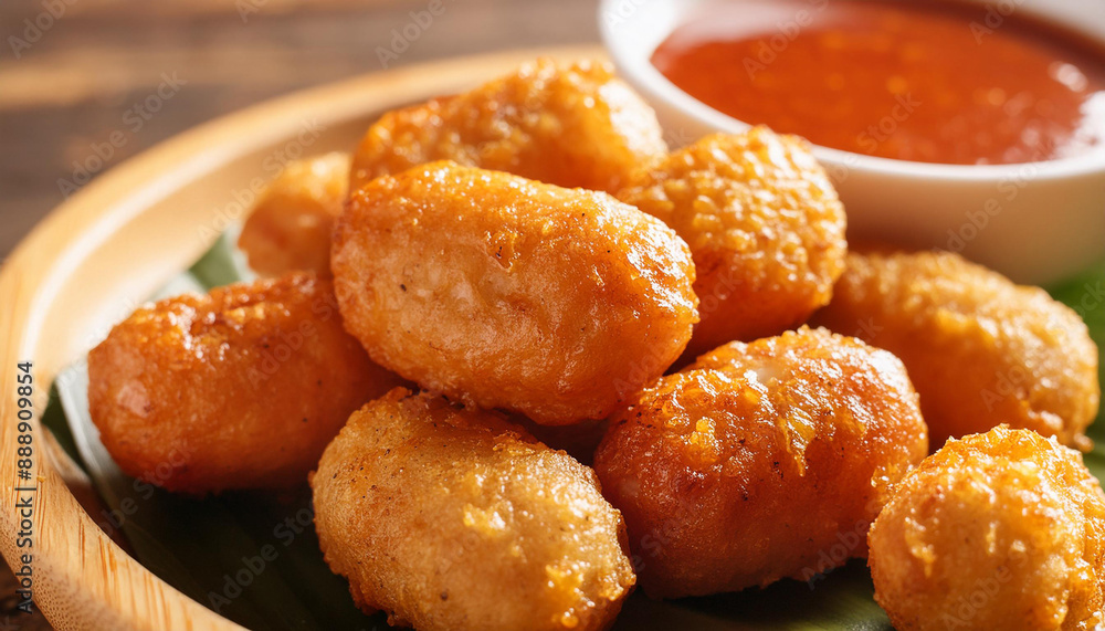 A detailed image of Keropok Lekor, traditional Malaysian fish sausages, served crispy and golden brown with a side of spicy dipping sauce. A detailed image of Keropok Lekor, traditional Malaysian fish sausages, served crispy and golden brown with a side of spicy dipping sauce.
