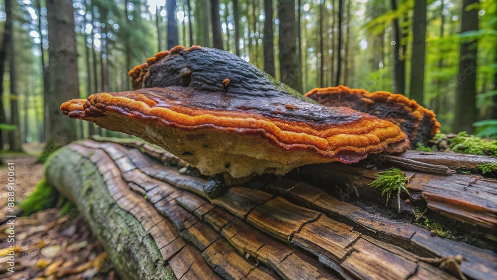 Wood mushroom chaga Tinder beveled or Inonotus beveled (Inonotus obliquus on a fallen tree in the forest Wood mushroom chaga Tinder beveled or Inonotus beveled (Inonotus obliquus on a fallen tree in the forest