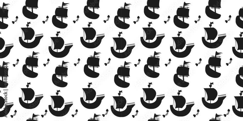 Pirate silhouette ship seamless pattern in flat design Pirate silhouette ship seamless pattern in flat design