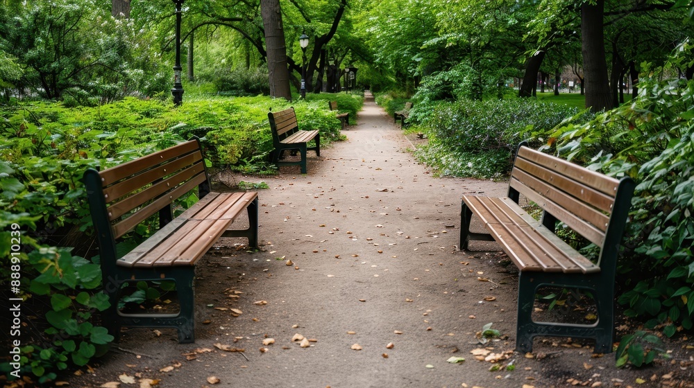 A serene park pathway flanked by lush greenery and lined with wooden benches, inviting for a peaceful walk or a quiet rest. A serene park pathway flanked by lush greenery and lined with wooden benches, inviting for a peaceful walk or a quiet rest.