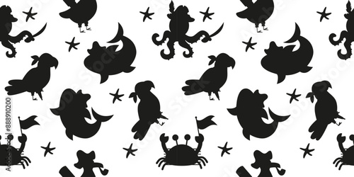Seamless pattern silhouette characters pirate octopus parrot shark crab skull