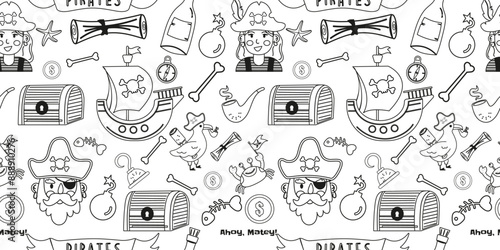 Pirate outline elements seamless pattern in flat