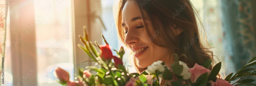 Naklejka premium Flowers bouquet giving, daughter gifting happy woman bouquet of flowers, mother day celebration