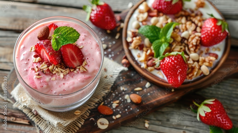 Bird s Milk Strawberry Nut Dessert on Wooden Background Bird s Milk Strawberry Nut Dessert on Wooden Background
