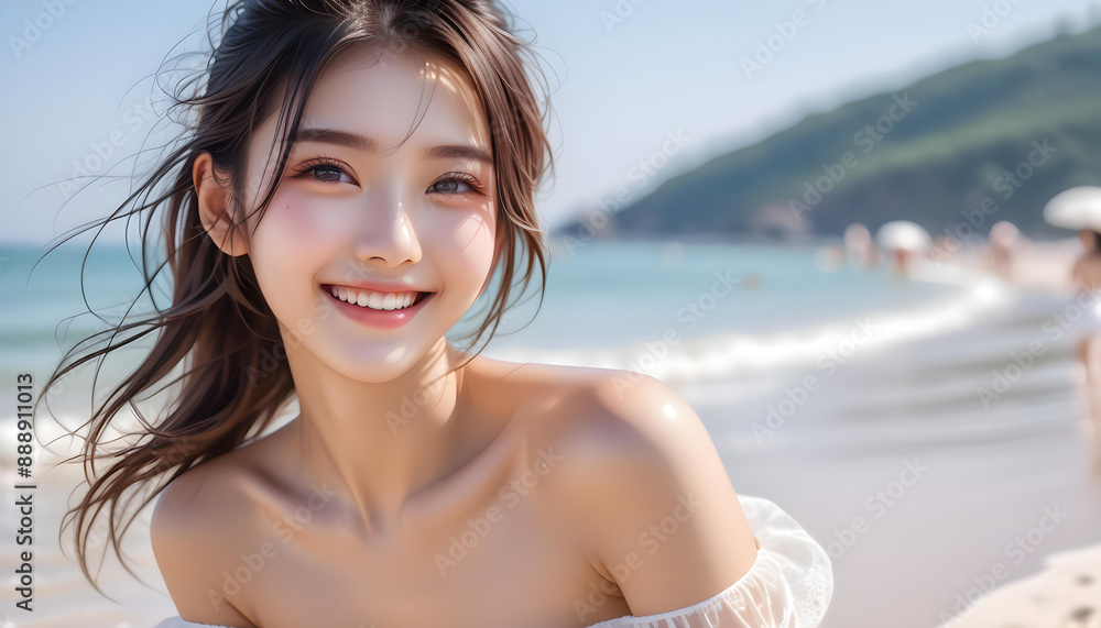 Portrait of a smiling pretty girl in a white bikini by the beautiful sea.綺麗な海で白のビキニを着た笑顔のかわいい女の子のポートレート。 Portrait of a smiling pretty girl in a white bikini by the beautiful sea.綺麗な海で白のビキニを着た笑顔のかわいい女の子のポートレート。