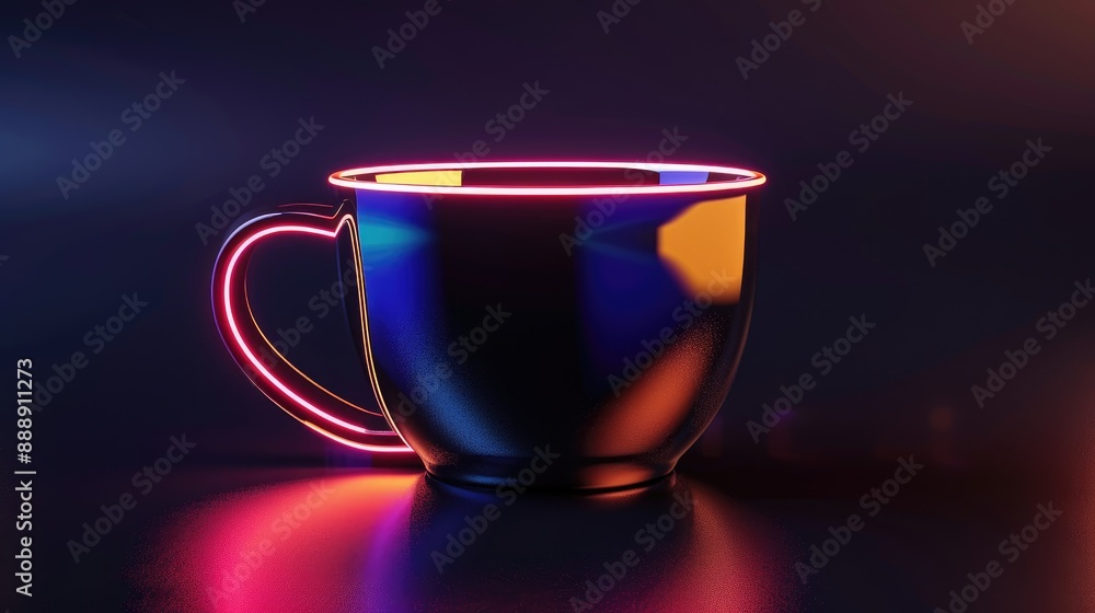 Black cup with neon reflection on dark background Black cup with neon reflection on dark background