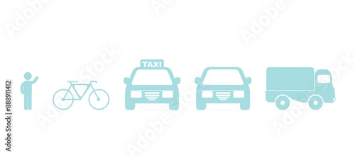 Transportation from pedestrian to truck. Set of transport type, blue line vector icons