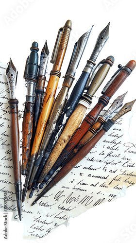 Collection of vintage fountain pens arranged on handwritten sheet, showcasing antique writing instruments, craftsmanship, and calligraphy elegance.