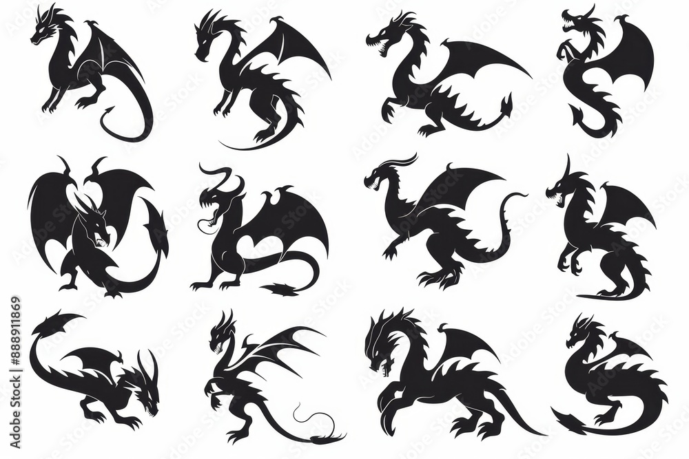 Fototapeta premium Dragons icon silhouette, dino, wyvern symbols, dinosaurs isolated, mythical monster, minimal flat tattoo