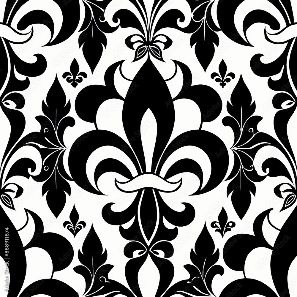 seamless pattern of bold black and white fleur-de-lis, Generative AI seamless pattern of bold black and white fleur-de-lis, Generative AI