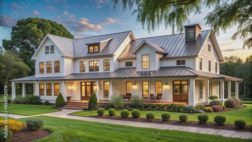 Modern rural residence with clean lines, white clapboard siding, metal roof, and rustic accents set amidst lush green surroundings.