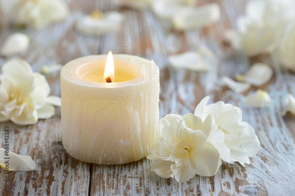 white candle with floral petals white candle with floral petals