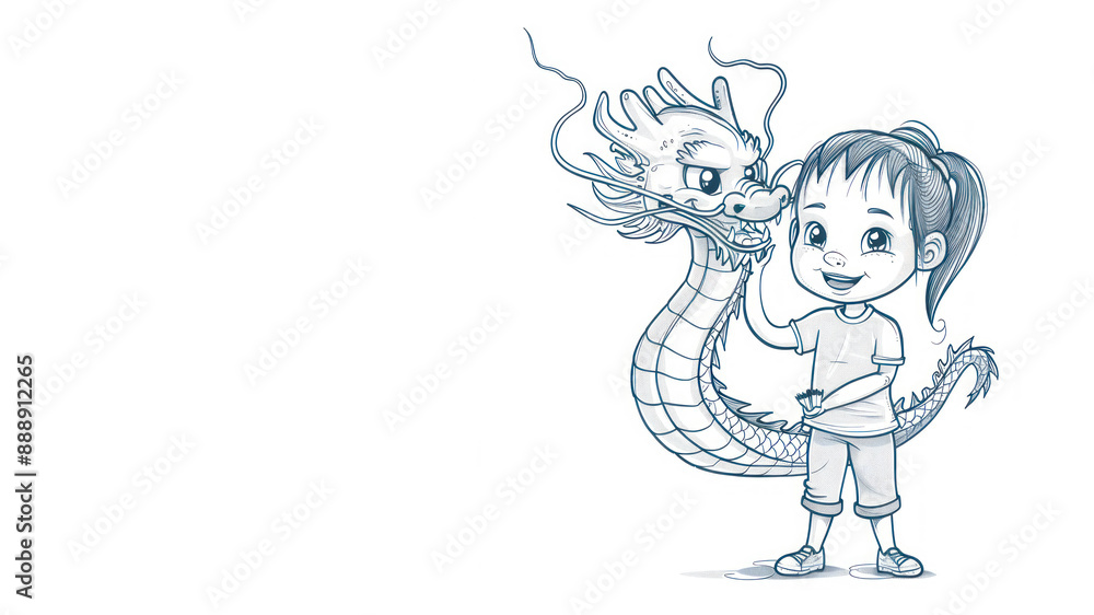 Pencil sketch of a girl and chinese dragon at new year lunar festival Pencil sketch of a girl and chinese dragon at new year lunar festival