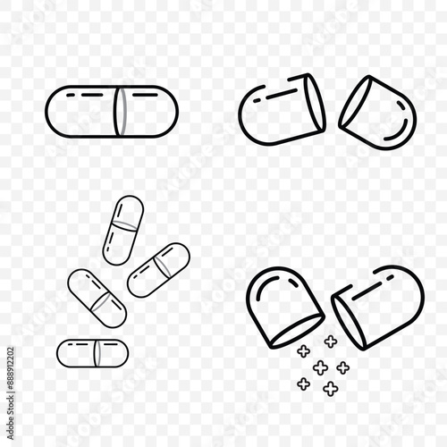 Black line vector icons of pills and drug for medicine pharmacy. Pill silhouette icon.