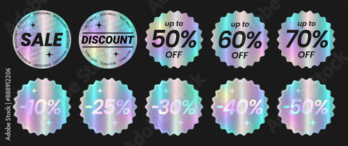 Set of holographic round sticker templates, neon label with holographic effect. Shiny rainbow emblems Sale, up to 50% off, 40%, 60%, 70%, Discount, best price, special offer. Isolated Vector EPS10