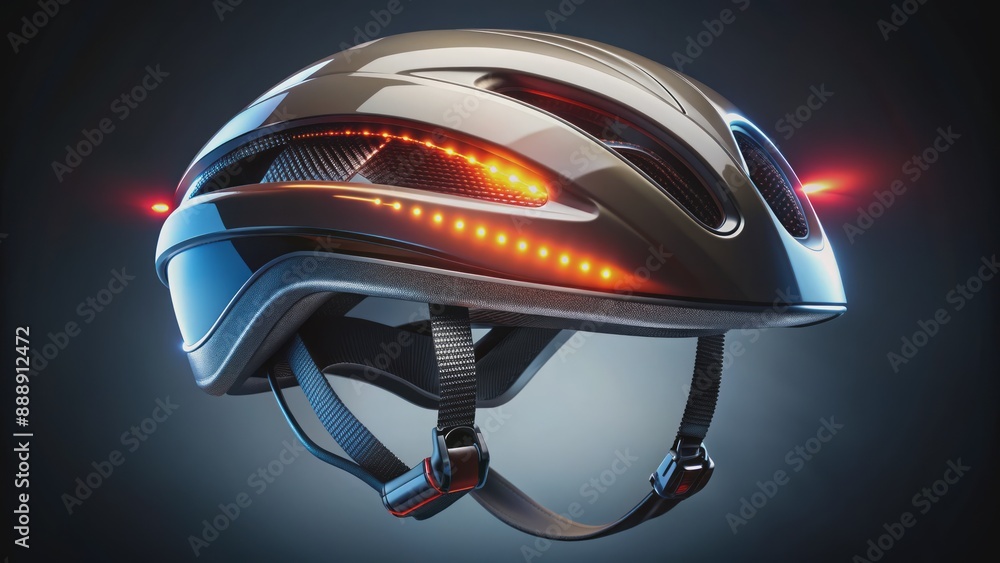 Futuristic high-tech bicycle helmet with sleek design, advanced sensors, and bright LED lights for enhanced safety and visibility on roads. Futuristic high-tech bicycle helmet with sleek design, advanced sensors, and bright LED lights for enhanced safety and visibility on roads.