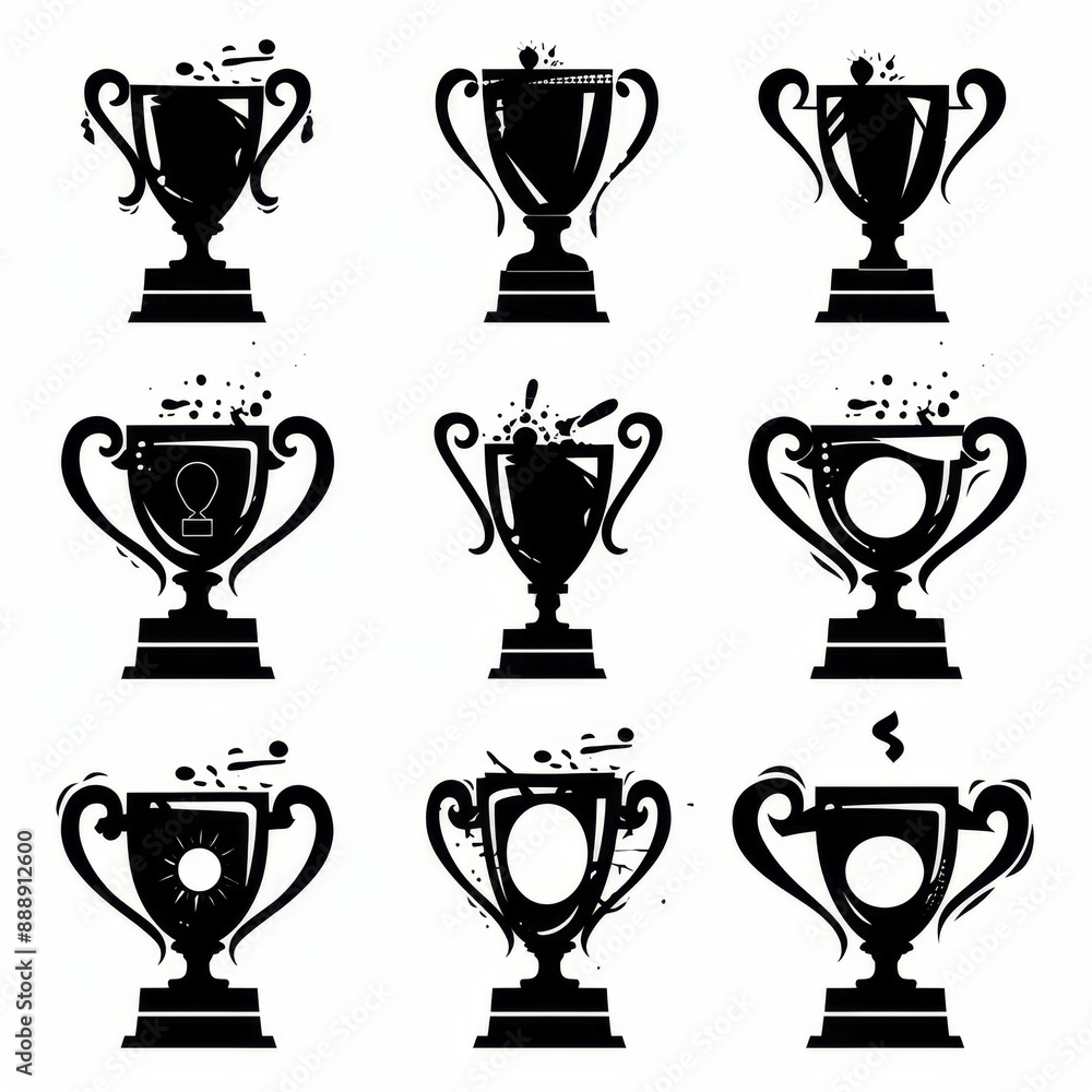 Trophy cups, golden goblet, silver reward, champion bowls. Contest winner award collection, prize cup Trophy cups, golden goblet, silver reward, champion bowls. Contest winner award collection, prize cup